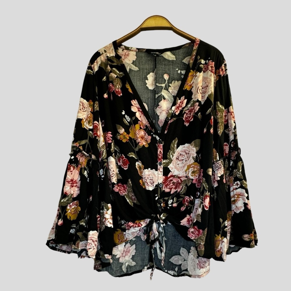 George Women’s Top 3X Black Floral Button Down Front Bell Sleeves
